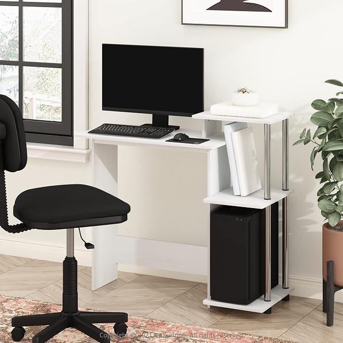 Furinno EFFICIENT Desk, 28.6" Wide Gaming Desk with 3 Open Side Shelves, Laptop Notebook Computer Desk, Office Desk for Home Office, Study Room, Dorm, Bedroom, White Oak/Stainless Steel - Image 2