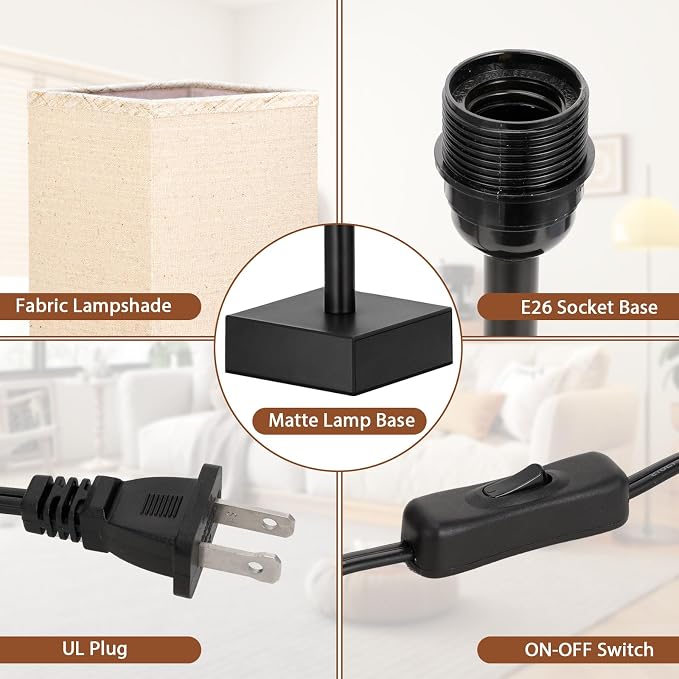 aooshine Small Bedside Table Lamp for Bedroom - Square Beige Fabric Shade | Inline Rocker Switch, Corded Electric, Bulb Not Included, 12.8" Mini Table Lamp for Nightstand, Desk, Dorm, Office - Image 3