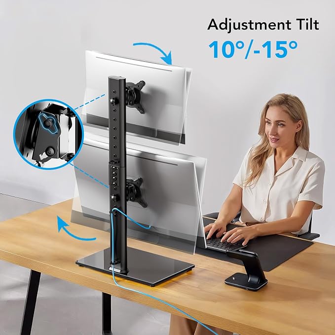 AX WABER Dual Monitor Stand Vertical Stack Screen Free-Standing Desk Mount Arm Riser Fits Two 13 to 34 Inch Computer Monitors with Swivel,Tilt, Height Adjustable,VESA Stand 100x100mm, 75x75mm AX05TB02 - Image 5