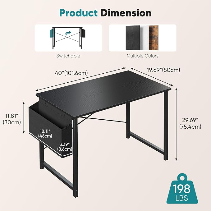 OLIXIS Small Computer Desk, 40 Inch Gaming Desks for Home Office | Writing Study Craft Work Table, Computer Workstation for Bedroom Small Spaces with Storage Bag, Black - Image 3