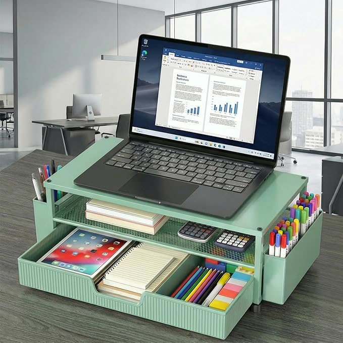 ECOLOVI Desk Organizer and Accessories, 2-Tier Computer Monitor Stand Rise with Storage Drawer & 2 Pen Holders, Laptop & Printer Stand for Desktop, Workspace Organizers for Office Supplies (Green) - Image 6