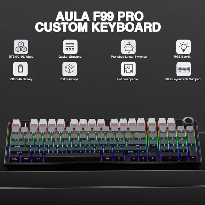 AULA F99 Pro Wireless Mechanical Keyboard with Knob,Gasket Structure,Tri-Mode BT5.0/USB-C/2.4GHz Hot Swappable Keyboard,Creamy Sound,RGB Backlit PBT Keycaps Computer Gaming Keyboards - Image 2