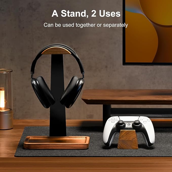UPERGO Walnut Headphone Stand with Controller Holder & Storage Base | Solid Wood Grain, Gear & Charger Storage, Gamer Gift for PS5 Xbox Controllers, Desk Accessories - Image 2