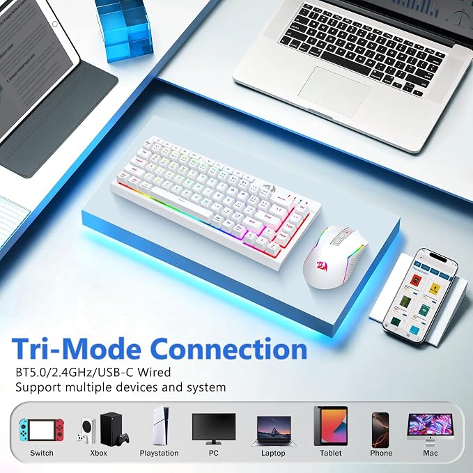 Redragon Wireless Gaming Keyboard and Mouse Combo, 60% Portable, White | Bluetooth/2.4G/USB-C Wired, RGB Backlit, Quiet Rechargeable Macro Membrane Keyboard & 12800 DPI Mouse for Win/MAC - Image 2