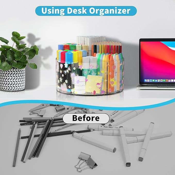 Acrylic Pen Holder for Desk Organizer Holder with 2 Adhesive DIY Stickers | Marker Holder Organizer with 2 Cute Sticker, 360 Degree Office Supply Organizer Clear Pencil Holder for Kid 6 Compartments - Image 6