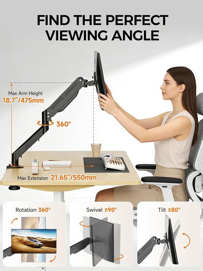 Bracwiser Monitor Mount 17-35 Inch Adjustable Gas Spring Desk Mount Stand Hold up to 24.25lbs with Clamp/Grommet Mounting Base (MD82) - Image 4