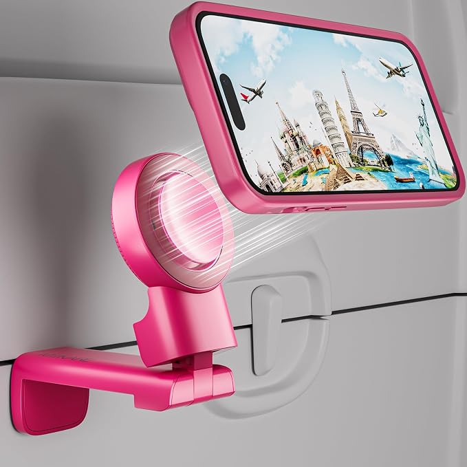 MiiKARE Travel Essentials Magnetic Airplane Phone Holder, Universal Handsfree Phone Mount for Flying with 360 Degree Rotation, Travel Must Haves Phone Stand for Desk, Tray Table, BarbiePink by MiiKARE