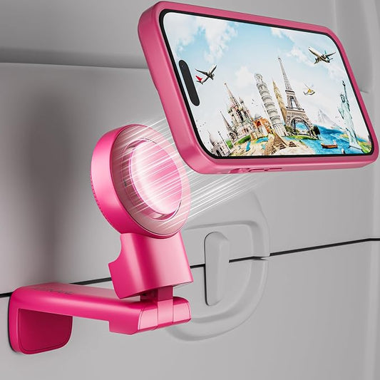 MiiKARE Travel Essentials Magnetic Airplane Phone Holder, Universal Handsfree Phone Mount for Flying with 360 Degree Rotation, Travel Must Haves Phone Stand for Desk, Tray Table, BarbiePink by MiiKARE