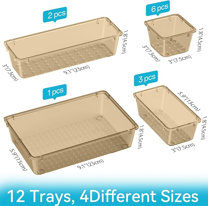 12 PCS Drawer Organizer Set, Makeup Organizers, Champagne | 4 Sizes, Plastic, Stackable, Multiple Gadgets, Desk Drawer Divider Organizers, for Makeup, Office Supplies Storage - Image 4