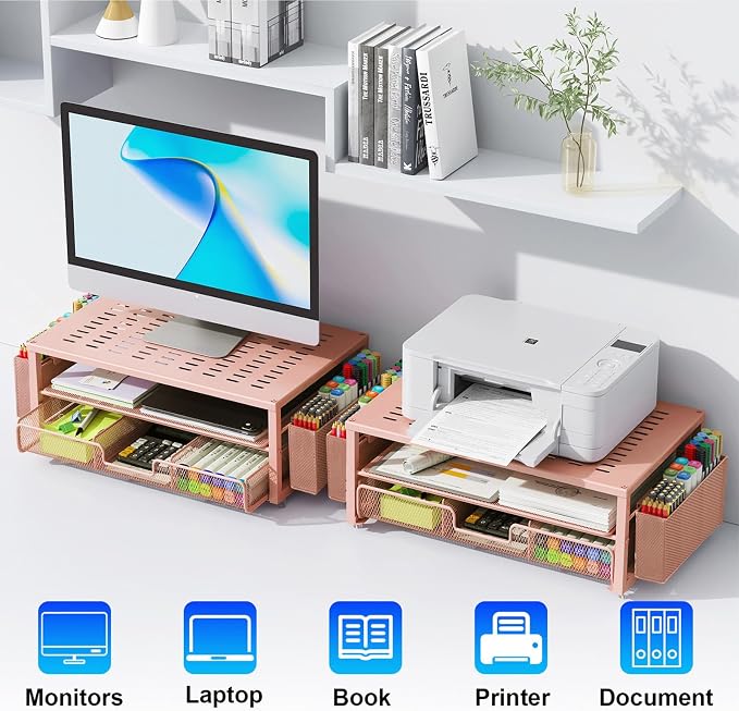 gianotter Desk Organizers and Accessories, Monitor Stand with Drawer and 2 Pen Holder, Desktop Organizer Suitable for Offices and Dormitories (Rose Gold) - Image 6