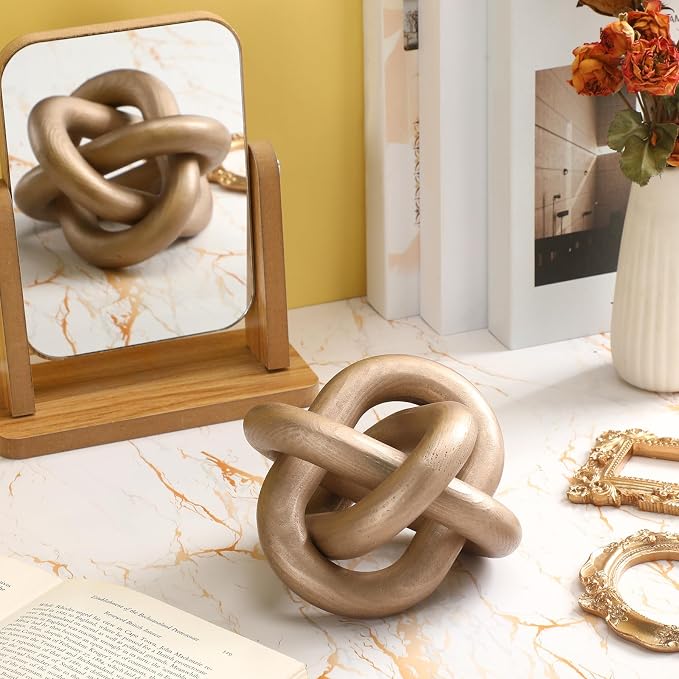 Yalikop 3 Link Wood Knot Decor Rustic Home Décor Accents Hand Carved Coffee Table Decoration, Boho Chain Link Decoration, Modern Shelf, Rustic Objects for Home Living Room Bedroom(Champagne) - Image 5