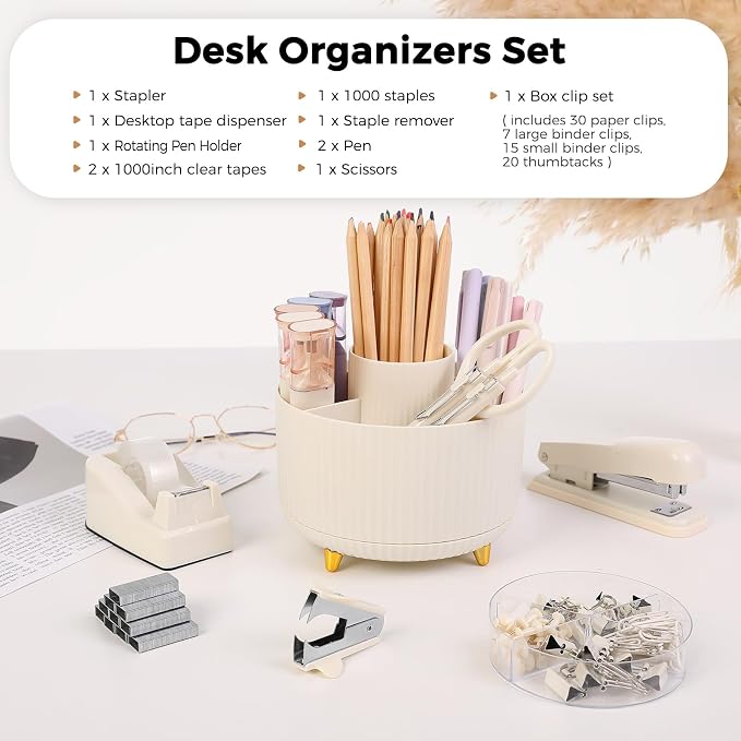 SKYDUE Desk Organizer Set with 360° Rotating Pen Holder | Includes Stapler, Scissors, Tape Dispenser, Clips, Pins & Accessories, For Home Office, School, Teacher - Image 2