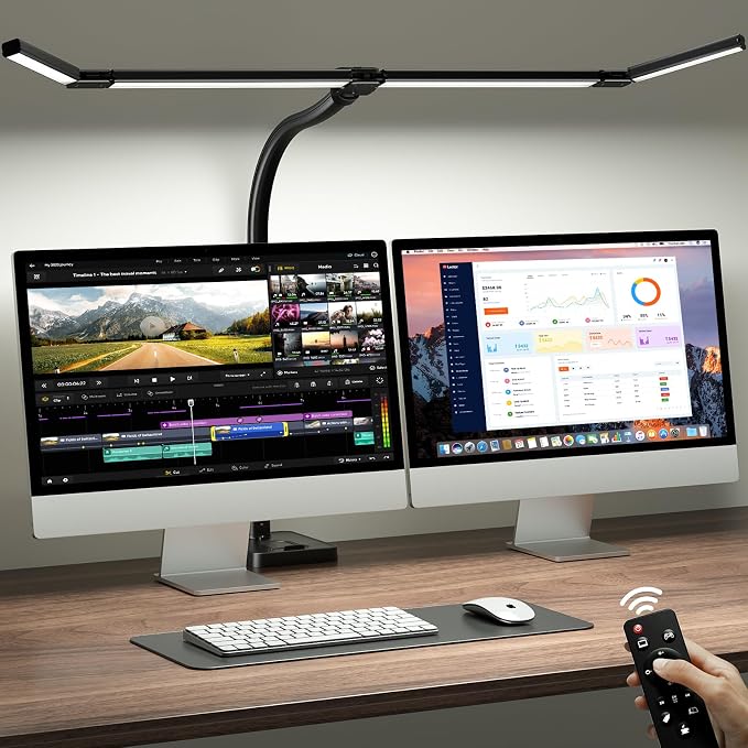ONEMIX 42" LED Desk Lamp for Home Office, Eye-Caring Desk Light with Adjustable 4-Segment Bar, 1800LM Bright, Remote, Architect Table Lamp with Base for Dual Monitors, Reading, Study, Workbench(Black) by DeskLamp