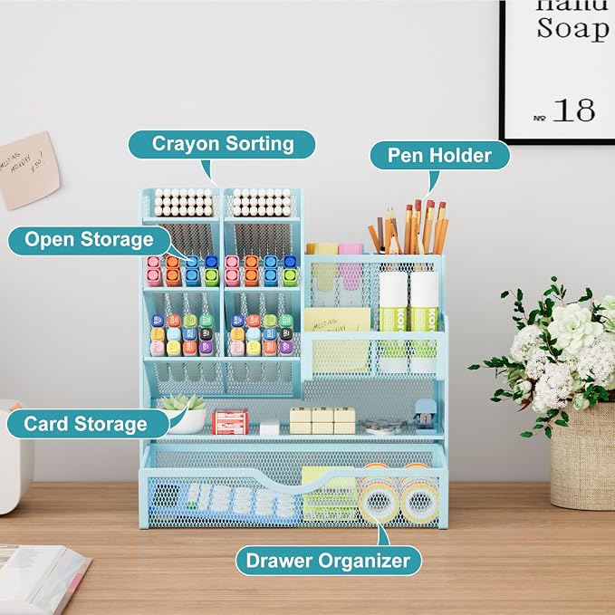 Marbrasse Mesh Pen Holder for Desk, Multi-Functional Pencil Organizer with Drawer, Desk Organizers and Accessories for Office Art Supplies (Blue) - Image 2
