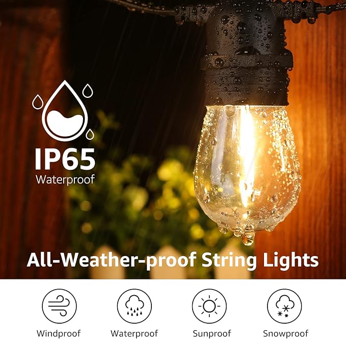 Lepro S14 Outdoor String Lights - 50ft with 15 Shatterproof LED Edison Bulbs, Waterproof Bistro Lights for Deck, Pergola, Porch, Garden, Gazebo - Image 6