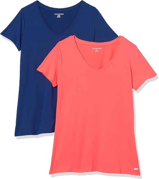 Amazon Essentials Women's Active Quick Dry Tech Stretch Short-Sleeve V-Neck T-Shirt (Available in Plus Size), Pack of 2 by AmazonEssentials