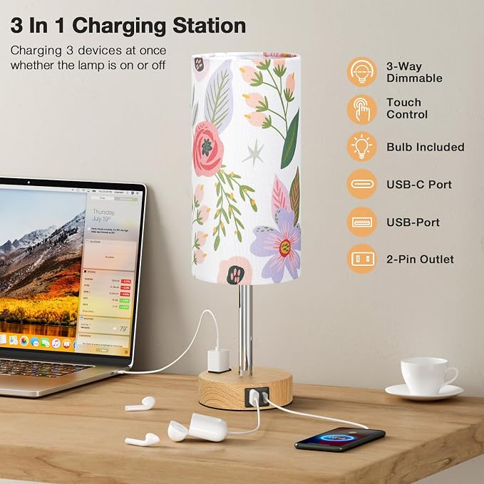Fenmzee Floral Touch Lamp for Bedroom- 3 Way Dimmable Bedside Lamp USB C A Charging Ports and AC Outlet, Small Table Lamp Floral Linen Lampshade for Gift, LED Bulb Included - Image 6