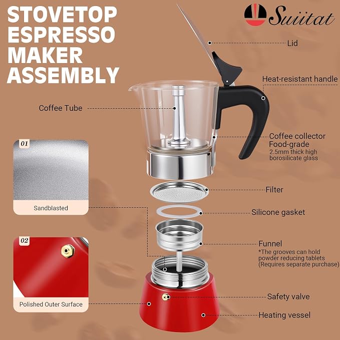 9 Cup 450ml Glass Moka Pot, Stovetop Espresso Maker, Red | Crystal Glass-top & Stainless Steel Coffee Maker, Induction Compatible, for Greca de Cafe, Cuban and Italian Coffee Brewing - Image 2