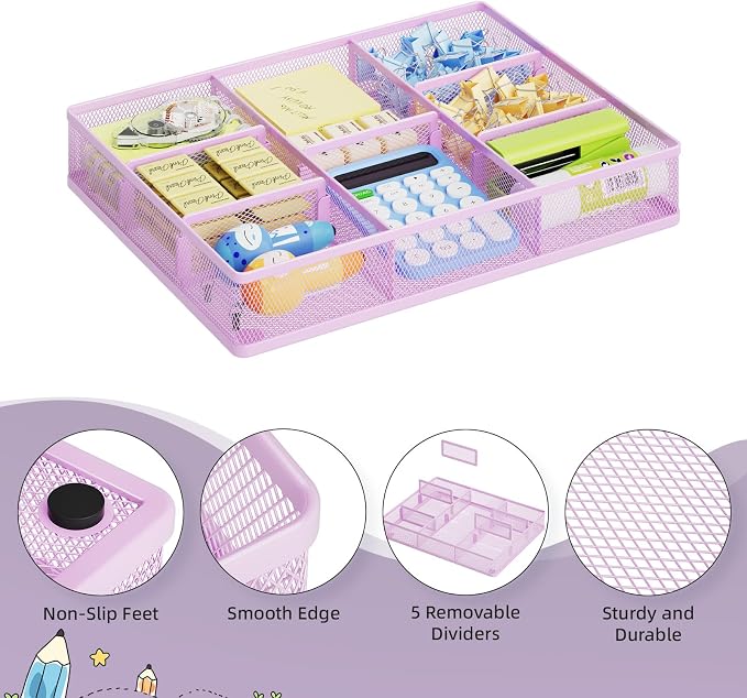 Marbrasse Desk Drawer Organizer, Metal Mesh Drawer Organizer Tray with 5 Adjustable Compartments,Desk Organizers and Accessories for Home,Office,Kitchen,Makeup,Vanity (Purple) - Image 5