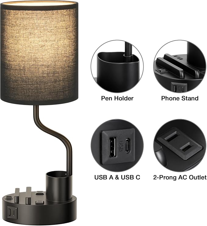 Fenmzee Bedside Lamps for Bedroom Set of 2 - Table Desk Lamp for Nightstand | 15" Table Lamp for Living Room with Pen Holder & Phone Stand, USB A+C Port, AC Outlet, 3 Color Temperature, LED Bulb Included - Image 7