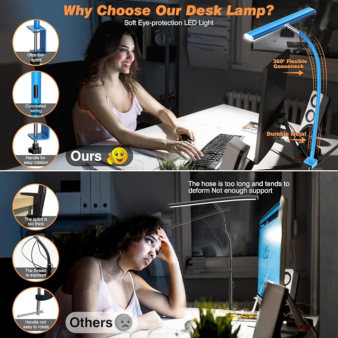 Airlonv LED Desk Lamp for Office Home, Eye-Caring Desk Light with Stepless Dimming Adjustable Flexible Gooseneck, 10W USB Adapter Desk Lamp with Clamp for Reading, Study, Workbench (Blue) - Image 4