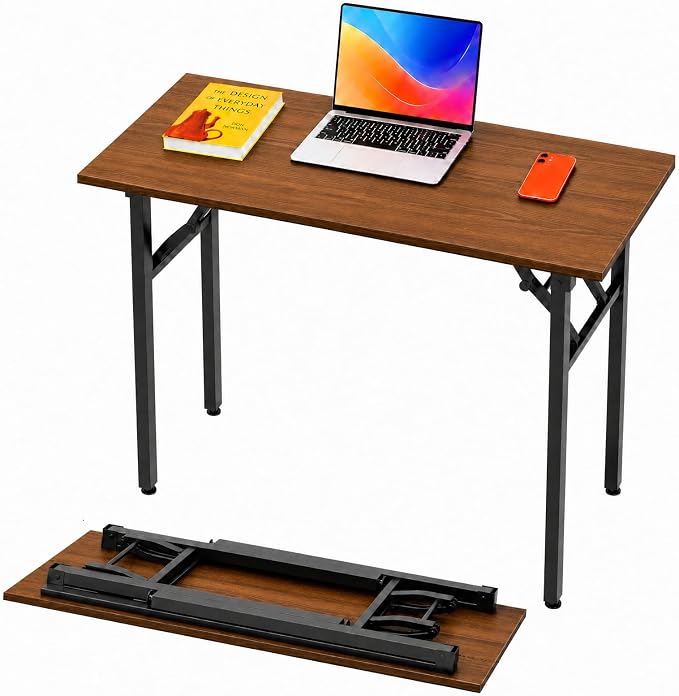 Folding Table Computer Desk - 43.3" No Assembly Folding Desk Design and Foldable Office Desk, Small Desk for Bedroom, Compact Storage Portable Use for Dorm and RV Small Space, Dark Walnut by HMFOR