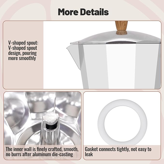 3 Cup Aluminum Moka Pot Classic Stovetop Espresso Coffee Maker 150ml 5oz Coffeemaker Percolator Mocha Express Preferred Cafe Makers for Italian and Cuban Café Brewing White - Image 6