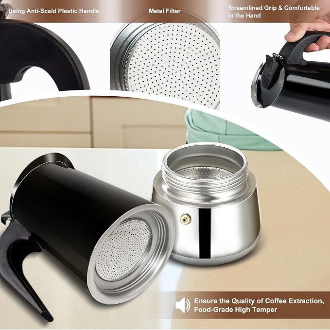 2 Cup Stovetop Espresso Maker Stainless Steel Moka Pot Stove Top Percolator Italian Coffee Makers Capable Mocha Greca Machine Cafe Classic Induction Cookers for Home and Camping 100ml 3.3oz - Image 7