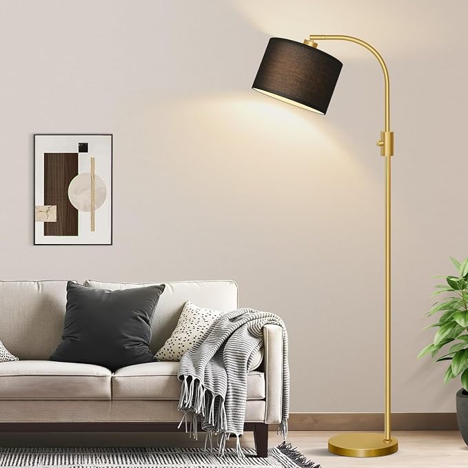 Nintiue Upgraded Modern Arc Dimmable Tall Standing Floor Lamp with Black Shade, 1200 Lumens LED Bulb Included, for Living & Reading Room, Bedroom, Office & Nursery, Gold by Nintiue