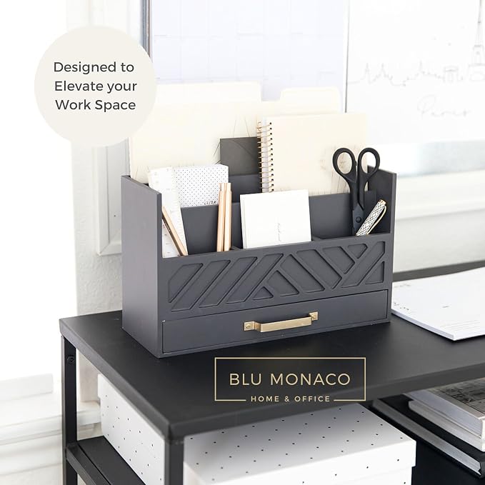 BLU MONACO | Wooden Mail Organizer with Drawer Gold Handle | Mail Sorter Organizer Countertop and Outgoing Mail Holder | Tabletop Organizer with Drawers Grey Desk Storage - Image 4