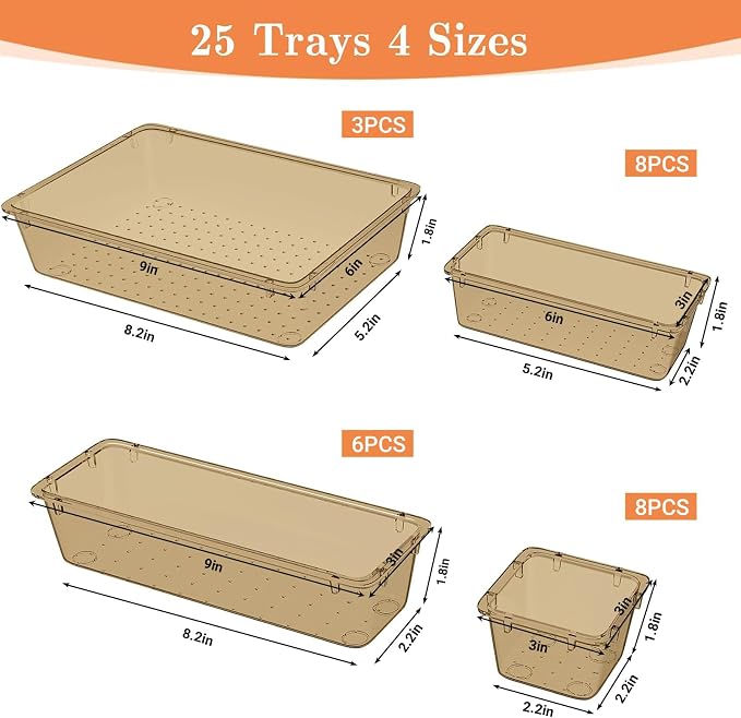 SpaceHacks 25 PCS Plastic Drawer Organizer Set, 4-Size Versatile Organizer Trays & storage Bins for Makeup, Jewelry, and Gadgets in Bathroom, Bedroom and Office,Champagne - Image 2