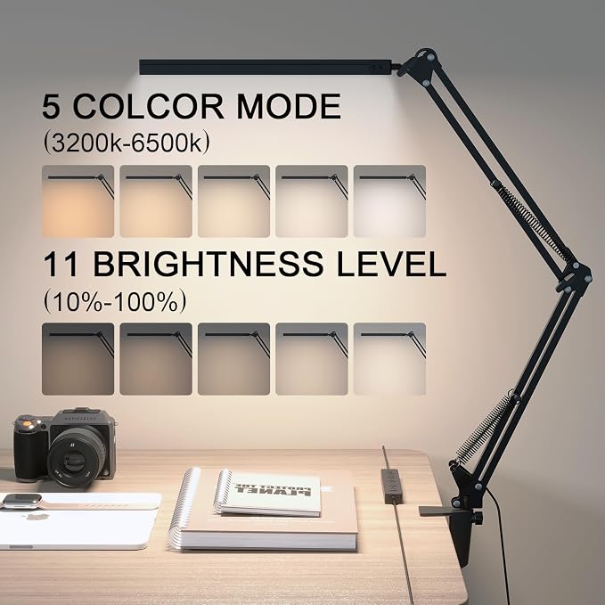 TROPICALTREE LED Desk Lamp for Home Office and Round Base, Clamp-On with 5 Light Modes & Auto Shut Off | 14W Adjustable Brightness 5000K Eye-Caring Lighting for Study/Bedroom/Computer Desk - Image 2