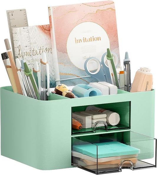 Marbrasse Pen Organizer with 2 Drawer, Multi-Functional Pencil Holder for Desk, Desk Organizers and Accessories with 5 Compartments + Drawer for Office Art Supplies (Green) by Marbrasse