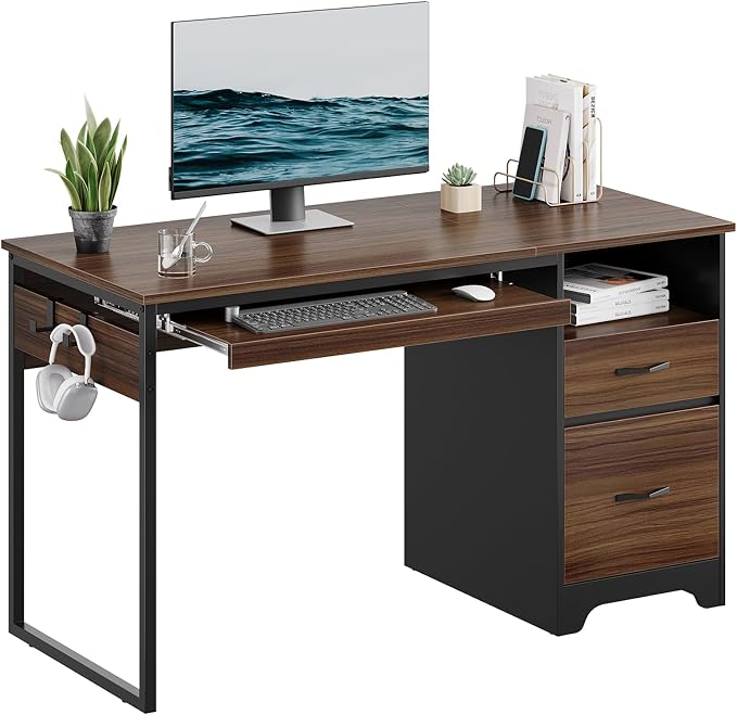 Bestier 48” Computer Desk with Drawers, Office Desk with Storage, Industrial Wood Writing Desk with File Drawer, Keyboard Tray & 2 Hooks for Home Office & Studio, Cherry by Bestier