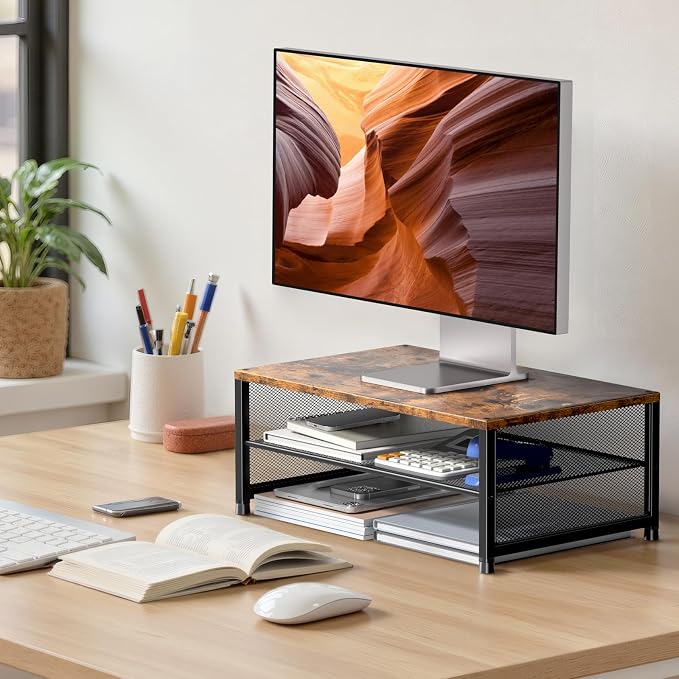 ECOLOVI 2-Tier Computer Monitor Stand Riser, Desk Organizer for Monitor, Printer & Laptop Stand, Desktop Workspace Organizers for Office Supplies(Brown) - Image 2