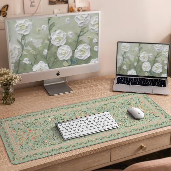 iCasso Aesthetic Floral Desk Mat,31.5x11.8in Mouse Pads,Light Green | Anti-Slip Mousepad with Stitched Edges, Waterproof Computer Pad, Desk Accessories Office Decor for Women - Image 8