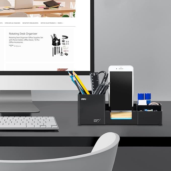 deli Desk Organizer, Plastic Desktop Organizer with Pencil Holder and Sticky Note Tray, Office Stationery Supplies Organizers Accessories Caddy, 6 Compartments, Black - Image 2
