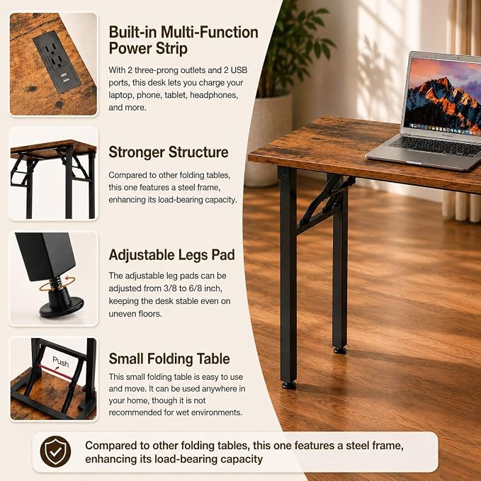 Folding Table Computer Desk - 55.1" No Assembly Folding Desk with Power Outlets & USB Charging Port, Small Desk, Foldable Office Desk, Compact Storage Portable Use for Small Space, Rustic Brown - Image 8