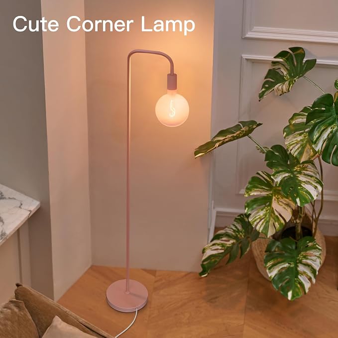 ONEWISH Pink Floor Lamp for Bedroom, Cute Standing Lamp with LED Bulb, Translucent Pink Globe Glass 2700k Warm Lighting. Globe Floor Lamp for Livingroom, Bedroom,Office - Image 3