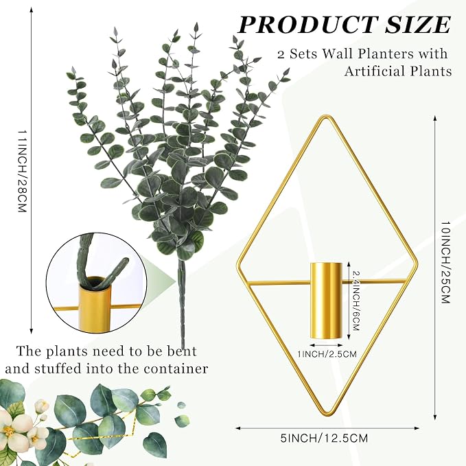 Jexine 8 Pcs Hanging Planters with Artificial Eucalyptus Metal Hanging Vase Indoor Plants Holder Modern Geometric Boho Bathroom Wall Decor for Living Room Home Office (Eucalyptus,Gold) - Image 2