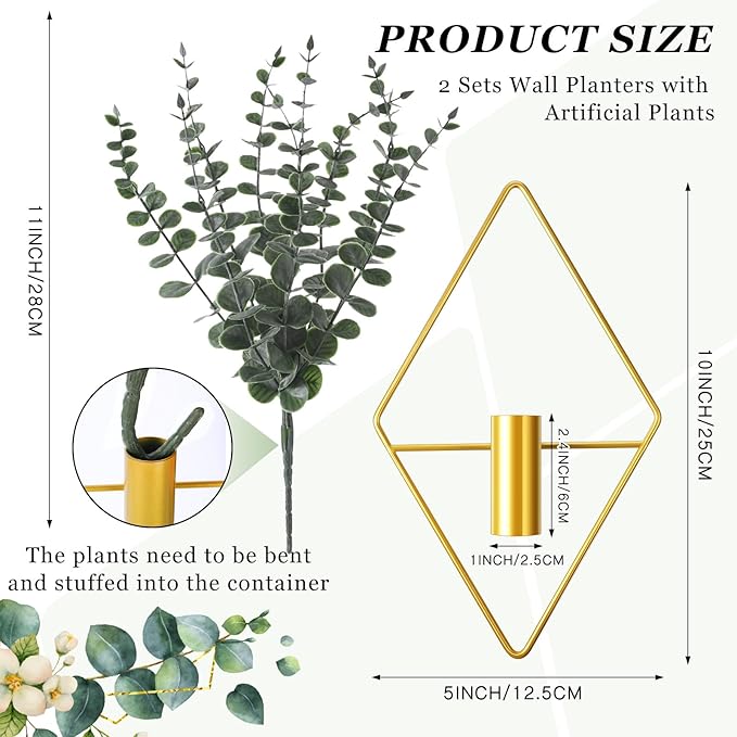 Jexine 4 Pcs Hanging Planters with Artificial Eucalyptus Metal Hanging Vase Indoor Plants Holder Modern Geometric Boho Bathroom Wall Decor for Living Room Home Office (Eucalyptus,Gold) - Image 2