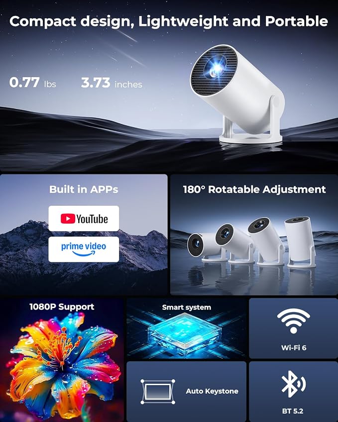 Mini Projector, Portable Projector with Wifi and Bluetooth, Built in Apps | Support 4K 1080P, 180° Rotation, Auto Keystone, Movie Projector Compatible With HDMI/USB/TV Stick/Smartphone/Laptop - Image 2