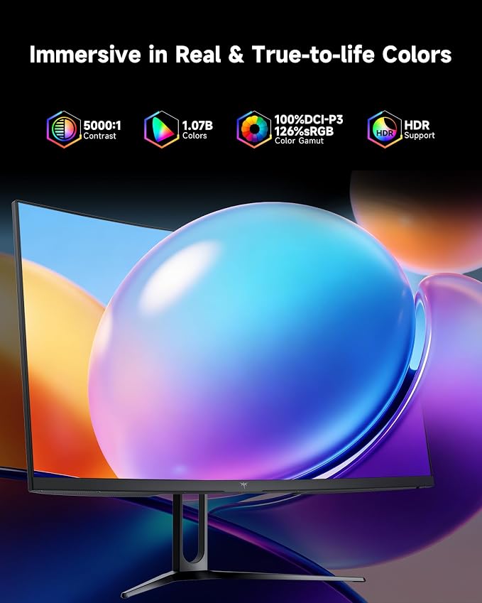 KTC 32 Inch Curved Gaming Monitor, QHD 2560x1440 180Hz Curve Monitors 1500R, Up to 185Hz, 1MS w/Adaptive Sync, 5000:1, HDMI Displayport, Tiltable, Eye Care, Vesa Mount H32S5 - Image 6