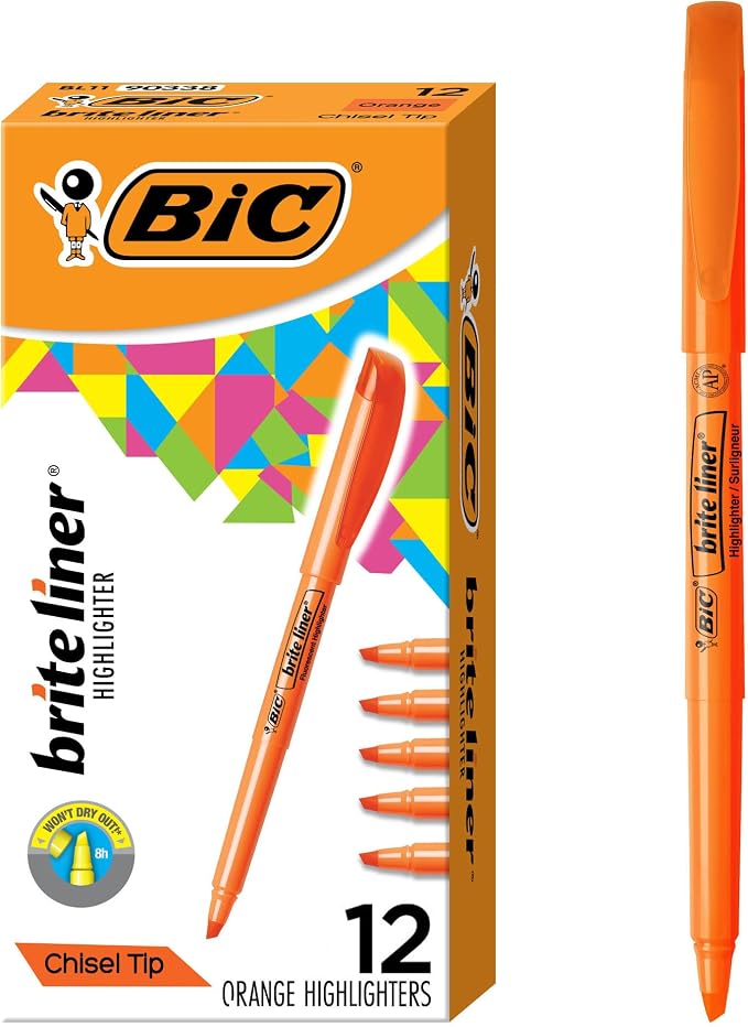 BIC Brite Liner Highlighters, Chisel Tip, 12-Count Pack of Orange Highlighters, Ideal Highlighter Set for Organizing and Coloring | Ideal for Organizing and Coloring | Translucent Ink Emphasizes Text | Long-Lasting Formula, ACMI Certified by BIC