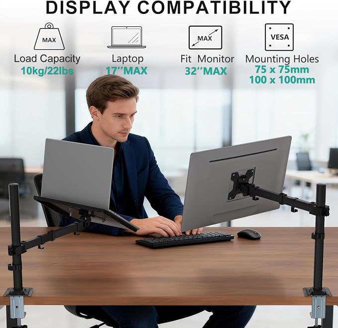 WALI Laptop Desk Mount for 17 inch Notebook, Adjustable Single Monitor Arm with Laptop Holder for 32 inch Screen, Laptops Stand with Ventilated Tray, Up to 22 lbs, (M00LP), Black - Image 2