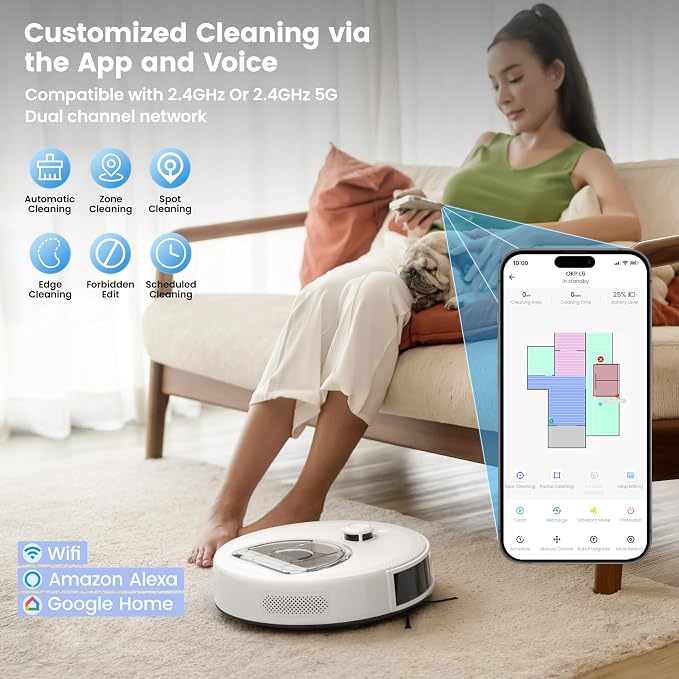 OKP Lidar Robot Vacuum and Mop Combo, 6000Pa Automatic Robotic Vacuum, Smart Mapping, 3.7 inch Thin, 150 Min Max, 5G WiFi/App/Alexa Control, Ideal for Pet Hair, Hardfloors, Carpets, Home(L6 Aqua) - Image 8
