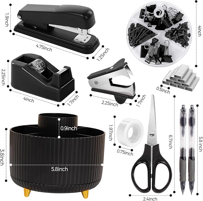 SKYDUE Black Office Supplies, Black Office Desk Accessories 10PCS, Pencil Holder for Desk, Stapler, Tape Dispenser, Scissors, Ruler, Clips and 1000pcs Staples, Desk Supplies Set - Image 6