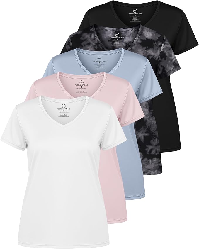 5 Pack Women's Dry Fit V Neck Workout Tops T Shirts Athletic Gym Yoga Tees | Available In Plus Size, Cooling Moisture-Wicking, Short Sleeve, Quick-Dry, Fitness, Stretch, Exercise, Running, Hiking by RealEssentials