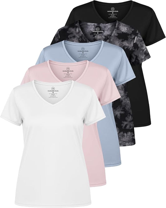 5 Pack Women's Dry Fit V Neck Workout Tops T Shirts Athletic Gym Yoga Tees | Available In Plus Size, Cooling Moisture-Wicking, Short Sleeve, Quick-Dry, Fitness, Stretch, Exercise, Running, Hiking by RealEssentials