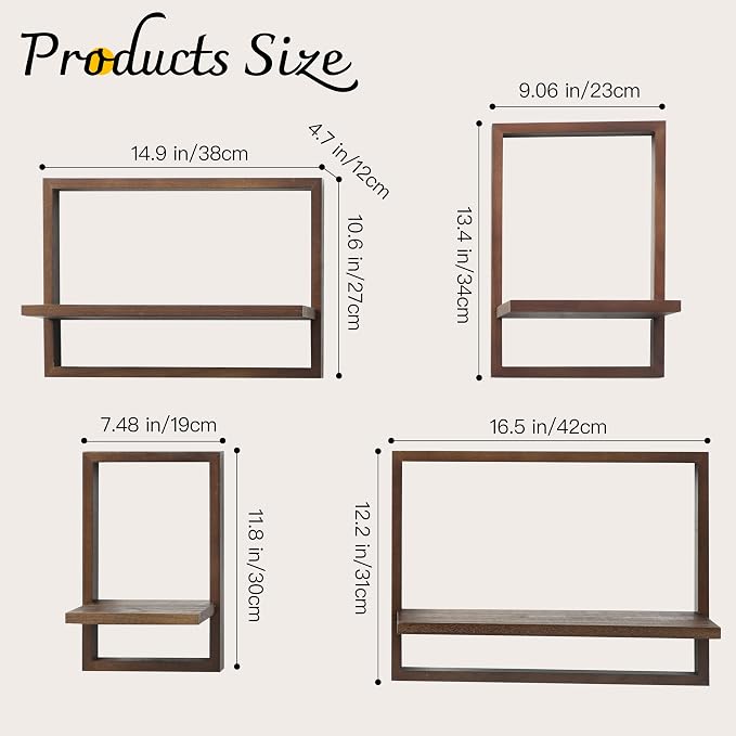 PHOENANCEE Square Floating Shelves,Framed Wall Shelf Decorative Set of 4,Modern Plants Hanging Display Art Decor Storage for Livingroom Bedroom Bathroom Farmhouse,Home Light Wood,Rustic Walnut - Image 3